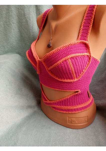 Vip Handmade Turuncu-Pembe Crop Top Büstiyer fiyatları