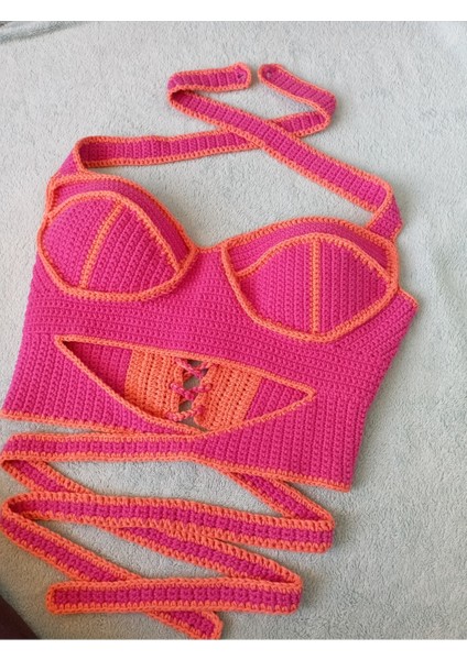 Vip Handmade Turuncu-Pembe Crop Top Büstiyer indirimleri