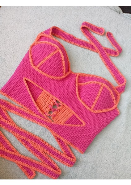Vip Handmade Turuncu-Pembe Crop Top Büstiyer