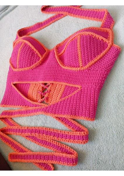 Vip Handmade Turuncu-Pembe Crop Top Büstiyer