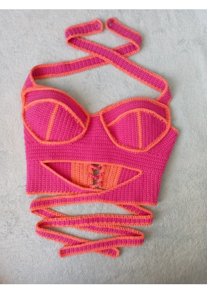 Vip Handmade Turuncu-Pembe Crop Top Büstiyer