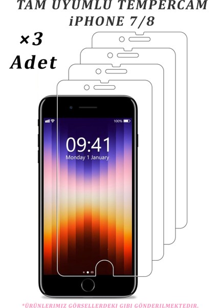 3 Adet iPhone 7 / 8 Modelleriyle Uyumlu Temperli Cam Ekran Koruyucu Kırılmaz Cam (3 Adet)