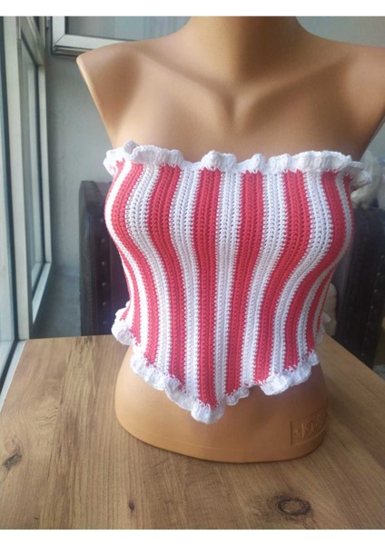 Kırmızı - Beyaz Üçgen Korse Crop Büstiyer