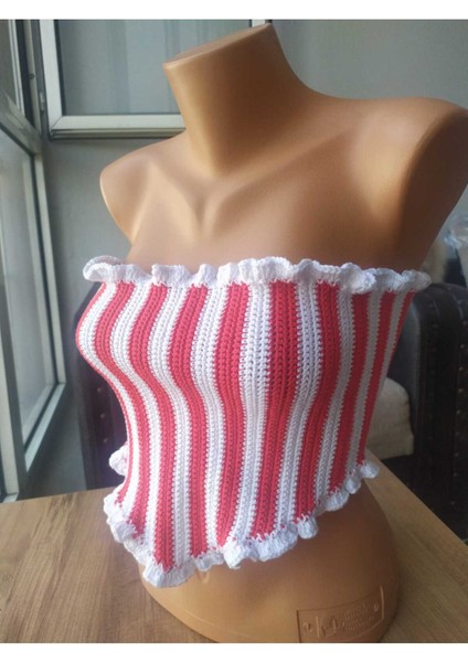 Kırmızı - Beyaz Üçgen Korse Crop Büstiyer