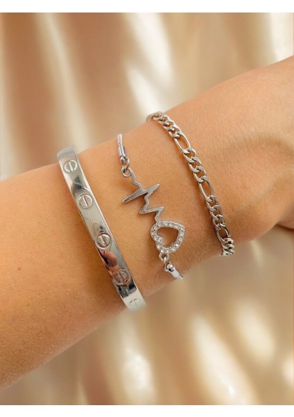 Gümüş Kaplama 3 Lü Kombin Bileklik Seti Gümüş Renk Kadın Zincir Bilezik Künye Asansör