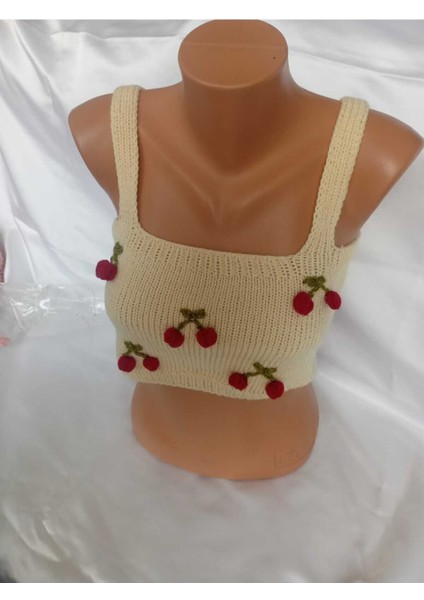 Crop Top Büstiyer Açık Sarı Kiraz Desenli Handmade