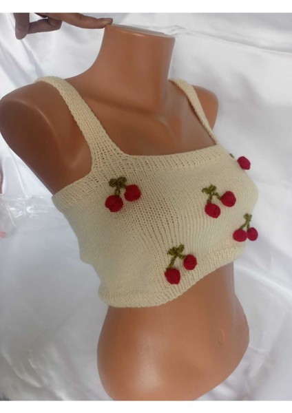 Crop Top Büstiyer Açık Sarı Kiraz Desenli Handmade fırsatları