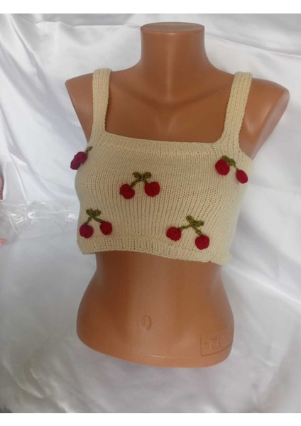 Crop Top Büstiyer Açık Sarı Kiraz Desenli Handmade indirimleri