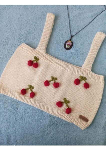 Crop Top Büstiyer Açık Sarı Kiraz Desenli Handmade