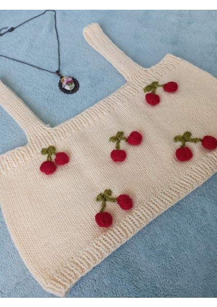 Crop Top Büstiyer Açık Sarı Kiraz Desenli Handmade