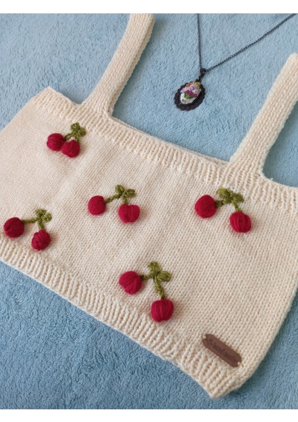 Crop Top Büstiyer Açık Sarı Kiraz Desenli Handmade