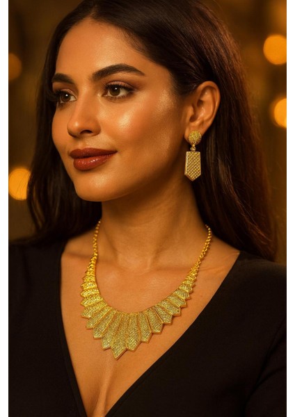 22 Ayar Altın Kaplama Çok Şık Gerdanlık Seti Kolye ve Küpe Seti