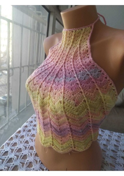 Renkli Halter Yaka Crop Top