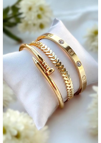Altın Kaplama 3 Lü Kombin Bileklik Seti Gold Renk Kadın Zincir Bilezik Künye