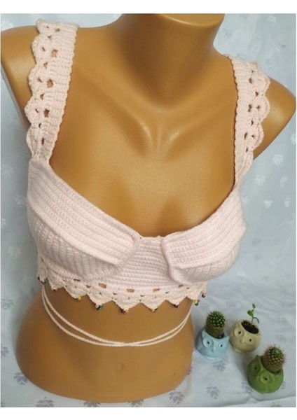 Kadın Crop Büstiyer Pudra