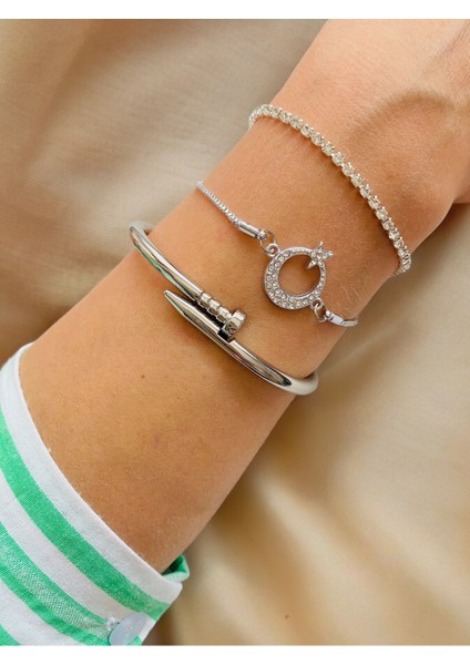 Gümüş Kaplama 3 Lü Kombin Bileklik Seti Gümüş Renk Kadın Zincir Bilezik Künye Asansör