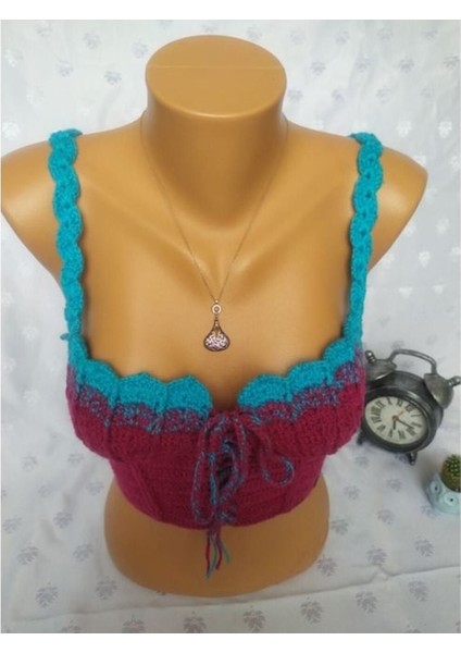 Crop Top Büstiyer Vişne -Mavi Renk Handmade