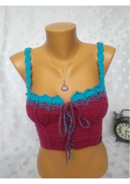 Crop Top Büstiyer Vişne -Mavi Renk Handmade fiyatları