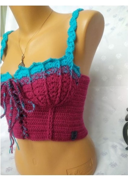 Crop Top Büstiyer Vişne -Mavi Renk Handmade modelleri