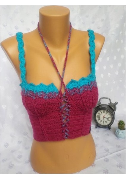 Crop Top Büstiyer Vişne -Mavi Renk Handmade indirimleri
