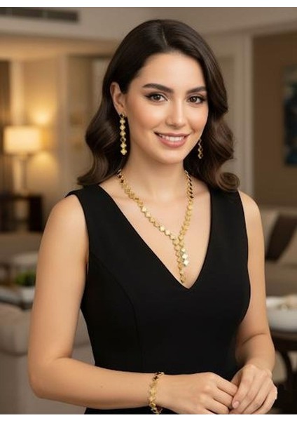 22 Ayar Altın Kaplama Kolye Küpe Bileklik 3’lü Takı Seti | Kadın Altın Renk Zarif Kombin