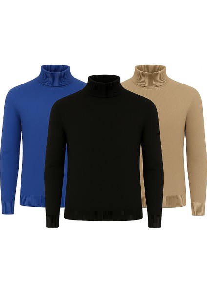 3'lü Paket Yarım Boğazlı Erkek Kazak