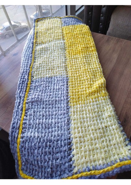 Sarı Gri Renk Bloklu Kadife Bebek Battaniyesi Handmade indirimleri