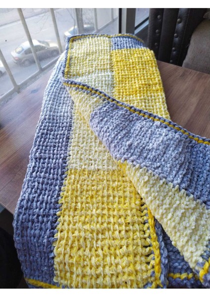 Sarı Gri Renk Bloklu Kadife Bebek Battaniyesi Handmade