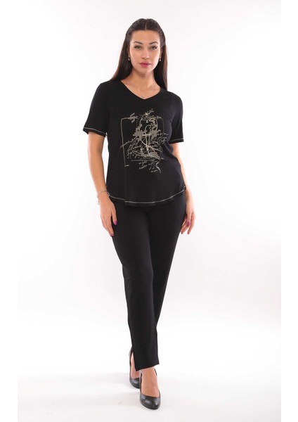 Kadın V Yaka Kısa Kol Bluz 3054 Siyah