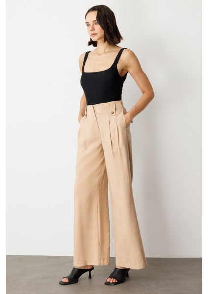 Kadın Pileli Geniş Paça Pantolon 2104 Kum modelleri