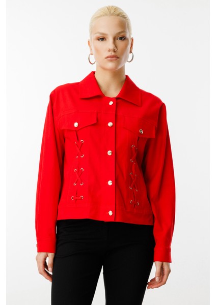 Kadın Süs Kapak Cepli Düğmeli Mont 6016 Kırmızı