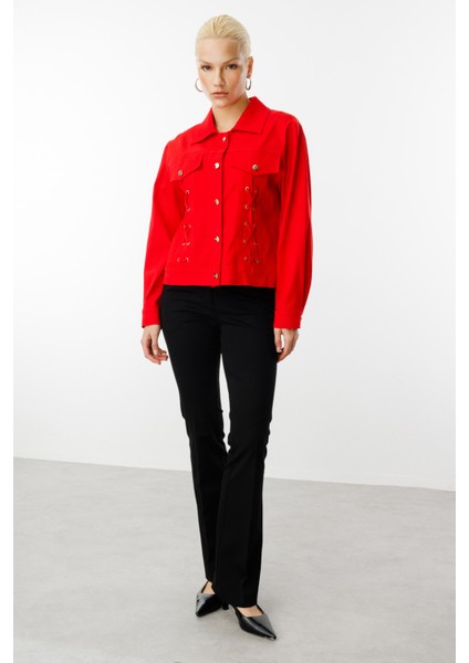 Kadın Süs Kapak Cepli Düğmeli Mont 6016 Kırmızı modelleri
