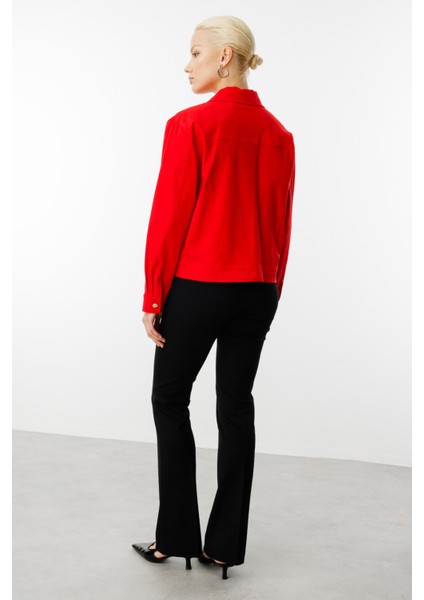 Kadın Süs Kapak Cepli Düğmeli Mont 6016 Kırmızı fırsatları