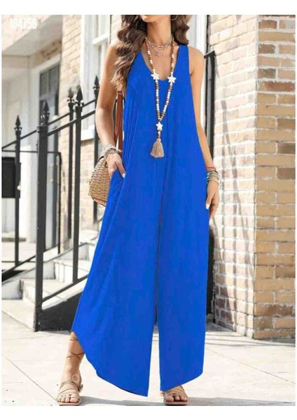 Kadın Askılı Yuvarlak Yaka Cepli Salaş Uzun Viskon Tulum, Kırmızı Gül Figürlü Kolye Hediye