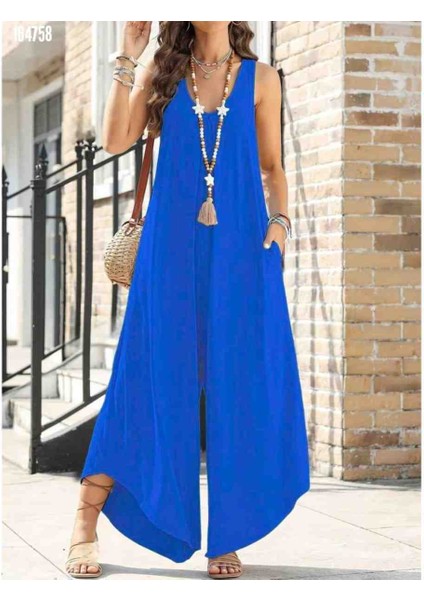 Kadın Askılı Yuvarlak Yaka Cepli Salaş Uzun Viskon Tulum, Kırmızı Gül Figürlü Kolye Hediye modelleri