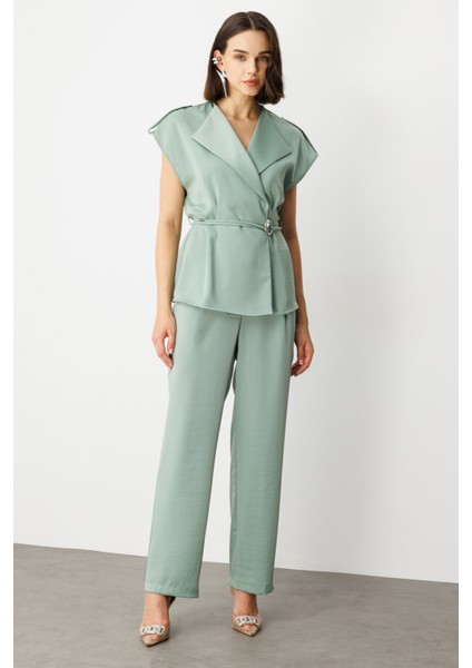 Kadın Tek Pile Bol Paça Pantolon 4266 Mint