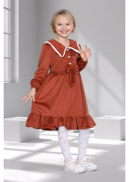 Kız Çocuk Kadife Fırfırlı Yaka Elbise - 3 - 10 Yaş - 6 Renk Seçeneği - Kiremit