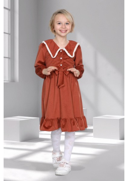 Kız Çocuk Kadife Fırfırlı Yaka Elbise - 3 - 10 Yaş - 6 Renk Seçeneği - Kiremit fiyatları