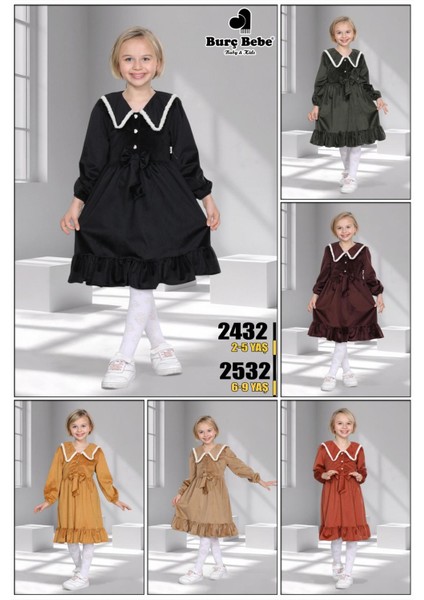 Kız Çocuk Kadife Fırfırlı Yaka Elbise - 3 - 10 Yaş - 6 Renk Seçeneği - Kiremit modelleri