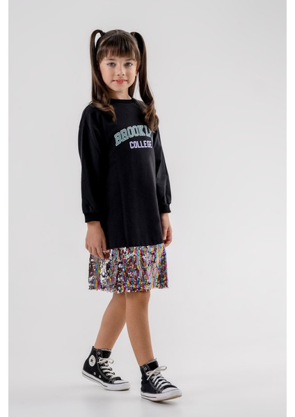 Kız Çocuk Elbise Brooklyn College Baskılı Payetli– Siyah Üst, Renkli Payet Etek fiyatları