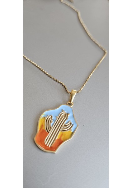 Paslanmaz Çelik Mineli Bohem Kaktüs Kolye-Mavi-Sarı-Kırmızı-Gold-Garantili