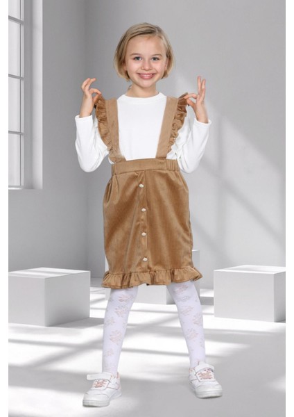 Kız Çocuk Badili Askılı Fırfırlı Kadife Jile – 3 - 10 Yaş - 5 Renk Seçeneği - Bej