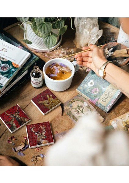 Kırmızı Halı Ceylan Geyik Temalı Doğal Taş Bardak Altlığı, Ev Ofis Dekoratif, 4 Adet