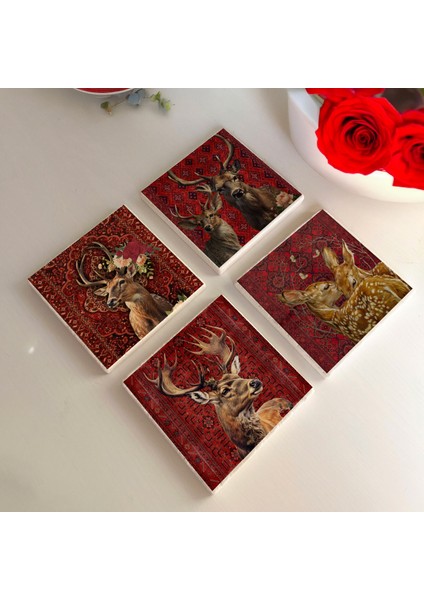 Kırmızı Halı Ceylan Geyik Temalı Doğal Taş Bardak Altlığı, Ev Ofis Dekoratif, 4 Adet fiyatları