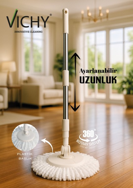 Vıchy Mop Sap Seti (Ayarlanabilir Alüminyum Sap-Plastik Mop Başlığı,mikrofiber Bez) 3lü Set VCH-6682