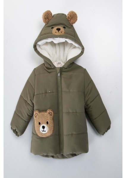 Trend Sevimli Ayıcık Içi Peluş Kürk Astarlı Fermuarlı Kapitone Kapüşonlu Kalın Kışlık Kaban-Mont