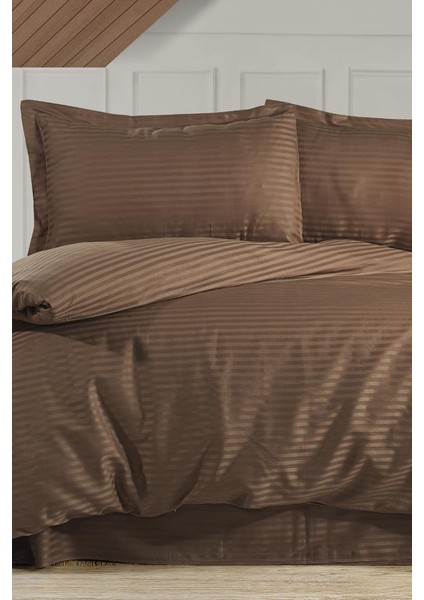 Stripe Çift Kişilik Pollysaten Nevresim Takımı Cappucino