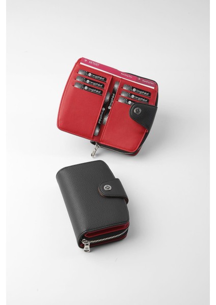 Orta Boy Çıt Çıt Detaylı Kadın Cüzdan/portföy - 65300 - Siyah/kırmızı