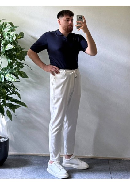 Erkek Oversize Lacivert Yazlık Triko Polo Yaka, Örgü Kumaş, Geniş Kalıp Kısa Kollu Model