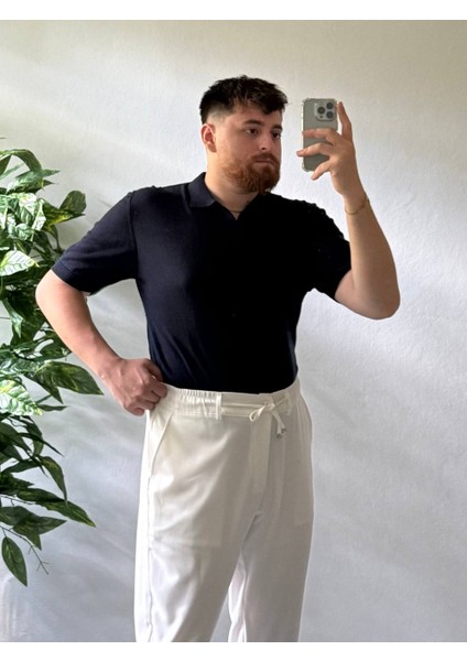 Erkek Oversize Lacivert Yazlık Triko Polo Yaka, Örgü Kumaş, Geniş Kalıp Kısa Kollu Model fiyatları